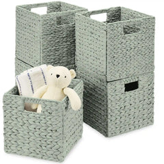 Set of 5 Collapsible Hyacinth Storage Baskets w/ Inserts - 10.5x10.5in