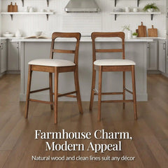 26" Counter-Height Farmhouse Wood Stools w/ Cushion & Backrest, Set of 2