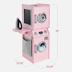 Pretend Play Kids Wooden Washer & Dryer Set w/ Laundry Accessories