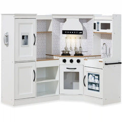 Pretend Play Corner Kitchen Wooden Toy Set for Kids w/ Lights, Sounds
