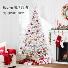 Pre-Lit White Snow Flocked Artificial Pine Christmas Tree w/ 2-in-1 Lights