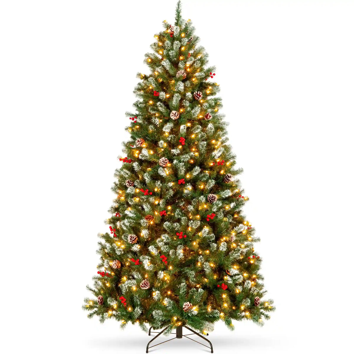 Pre-Lit Frosted Spruce Christmas Tree, w/ Pinecones, Berries, Metal Base