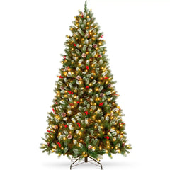 Pre-Lit Frosted Spruce Christmas Tree, w/ Pinecones, Berries, Metal Base