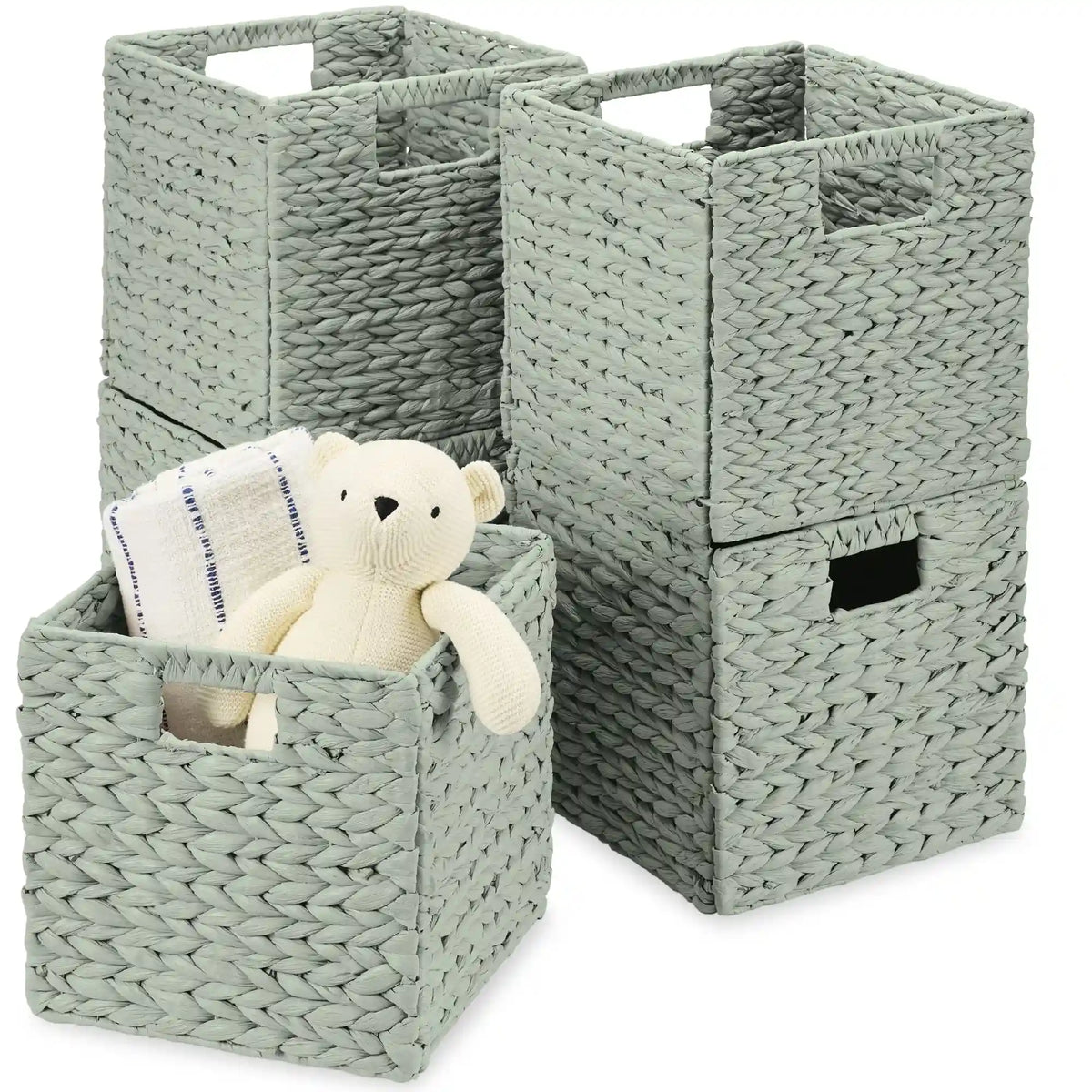 Set of 5 Collapsible Hyacinth Storage Baskets w/ Inserts - 10.5x10.5in