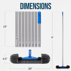 20" Pool Brush with 9 ft Aluminum Pole  Pool Wall & Floor Cleaning Set
