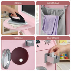 Pretend Play Kids Wooden Washer & Dryer Set w/ Laundry Accessories