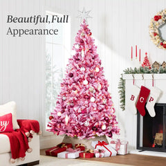 Prelit Pink Christmas Tree, Snow Flocked Full Holiday Decor w/ Metal Base