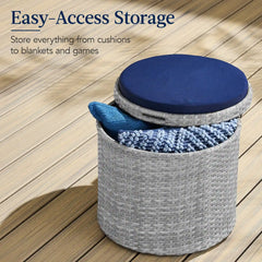 Round Wicker Ottoman, Multipurpose Furniture w/ Removable Cushion