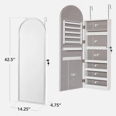Door/Wall Mounted Arch Mirror Jewelry Armoire, w/ Metal Frame, Built-In Lock